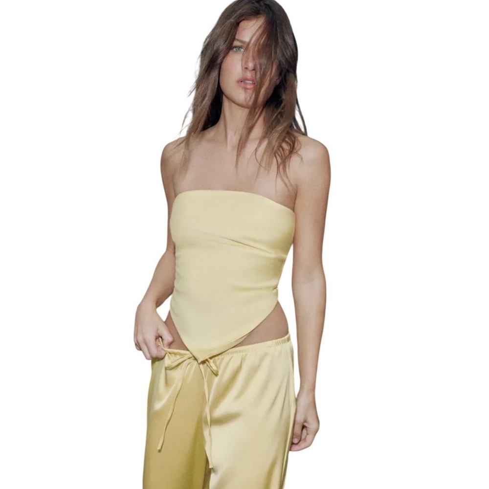 Zara Yellow Satin Handkerchief Hem Tube Top Tie Back Strapless Medium NWT